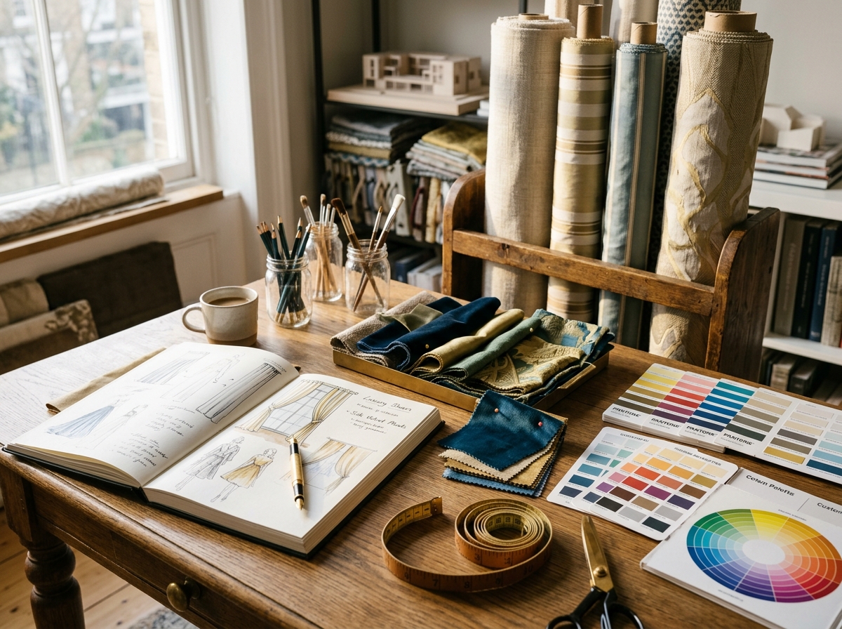 Elegant design swatch board and curtains roll in light studio